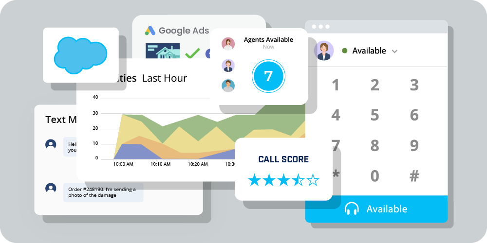 Illustrated CallTrackingMetrics features like call scoring, softphones, and agent reporting.